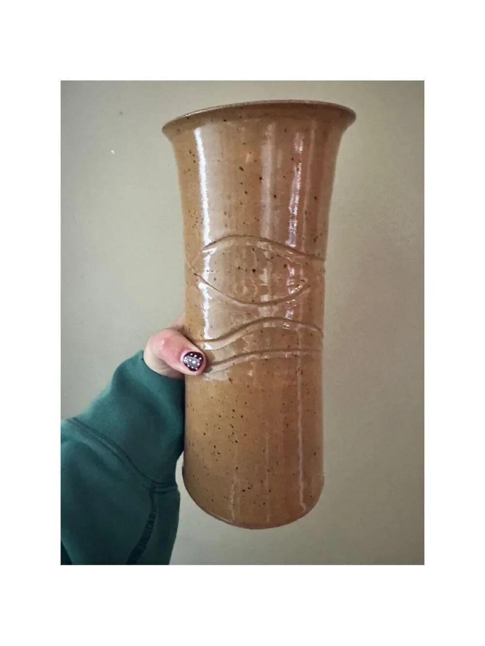 Vintage Mid-Century Modern Signed Artisan Tan Ceramic Pottery Vase